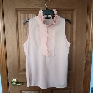 Sheer Pink Sleeveless Dress Top Ruffle Neckline